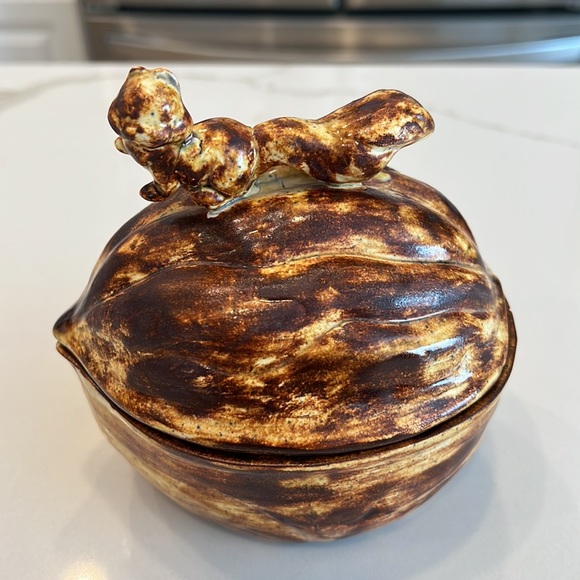 Other - Vintage Mid Century Squirrel on Walnut Covered Ceramic Nut/Candy/Trinket Dish